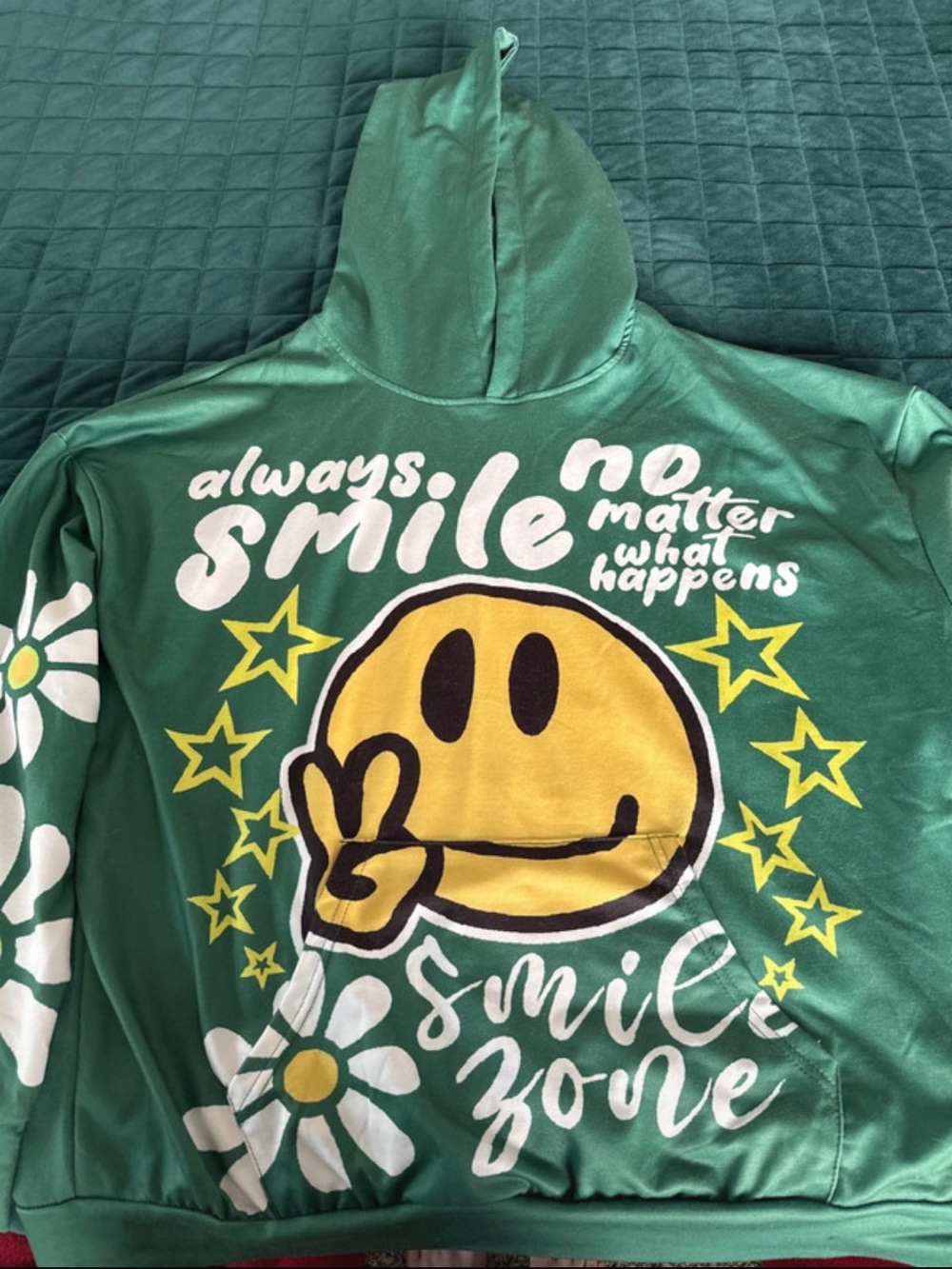 Green Smiley Face Graphic Hoodie Floral Print Y2K Streetwear